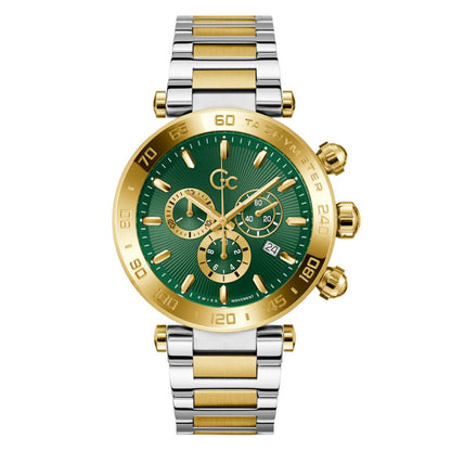 Luxury watch with green face, gold accents, and silver and gold band on white background