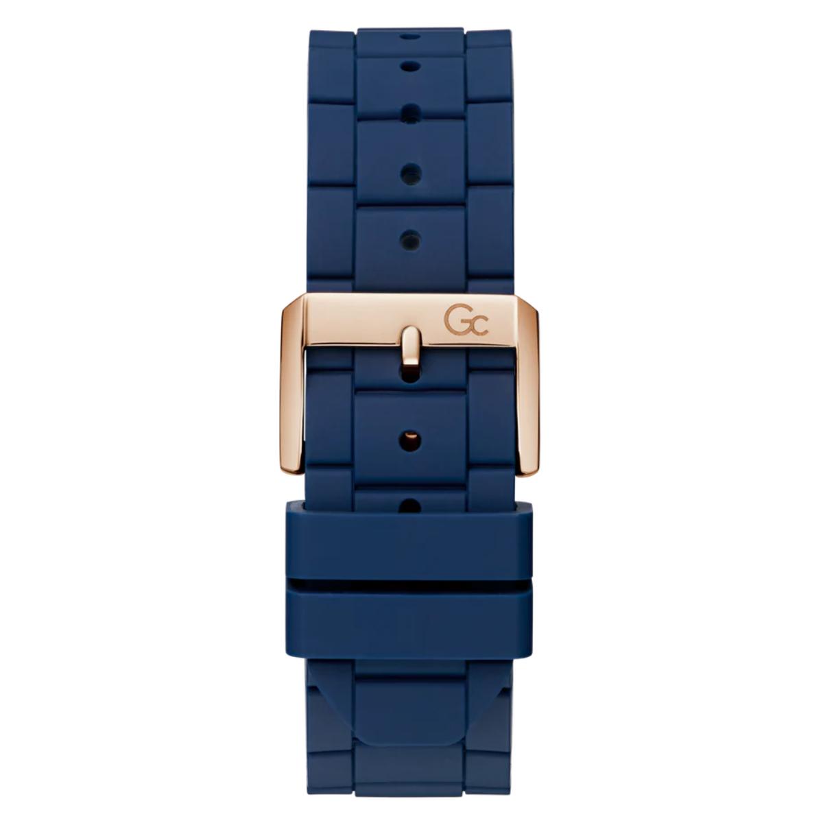 Blue watch with a gold buckle on a white background