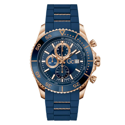 Blue and rose gold watch with a detailed face on a white background