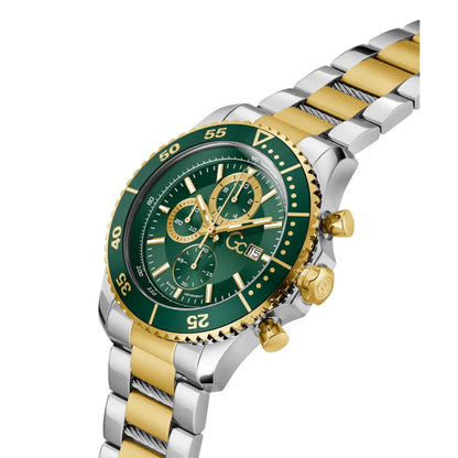 Watch with green face, gold and silver band on white background