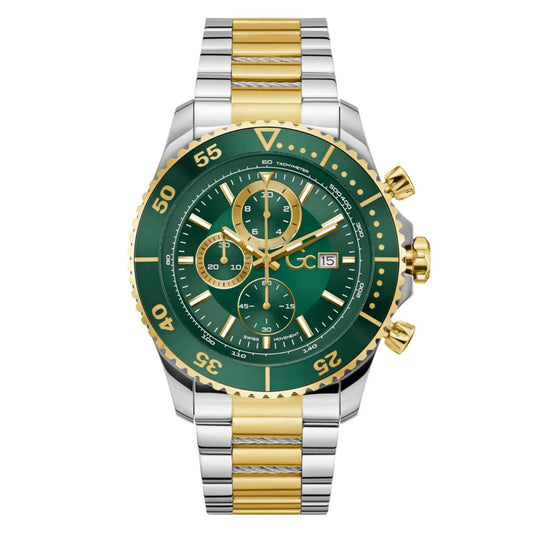 Two-tone silver and gold watch with a green face on a white background