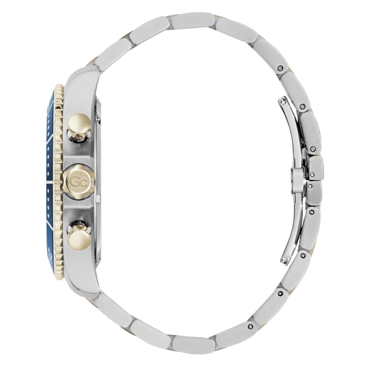 Close-up of a silver watch with a detailed face on a white background