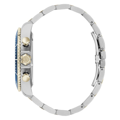 Close-up of a silver watch with a detailed face on a white background