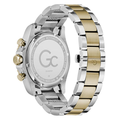 Two-tone watch with silver and gold band on a white background