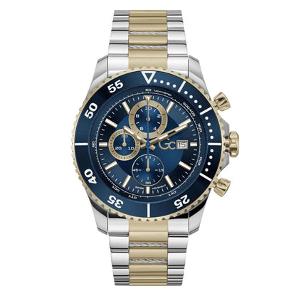 Two-tone watch with blue face and silver and gold band on white background