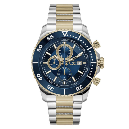 Two-tone watch with blue face and silver and gold band on white background