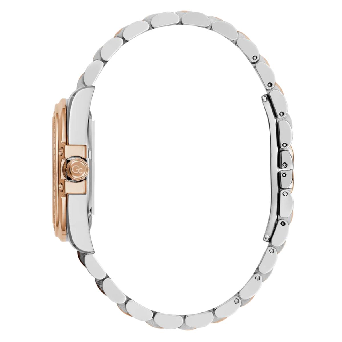 Silver watch with rose gold accents on a white background