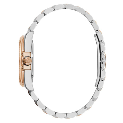 Silver watch with rose gold accents on a white background