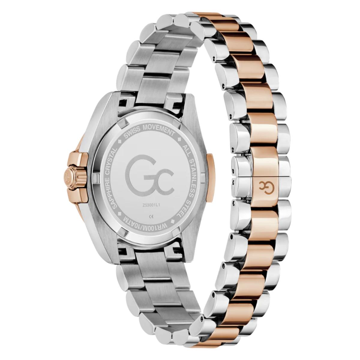 Watch with a silver and rose gold band on a white background