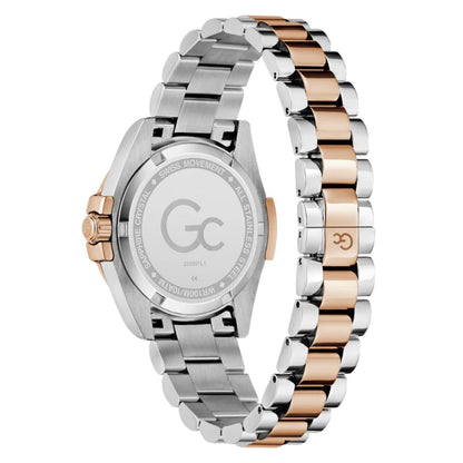 Watch with a silver and rose gold band on a white background