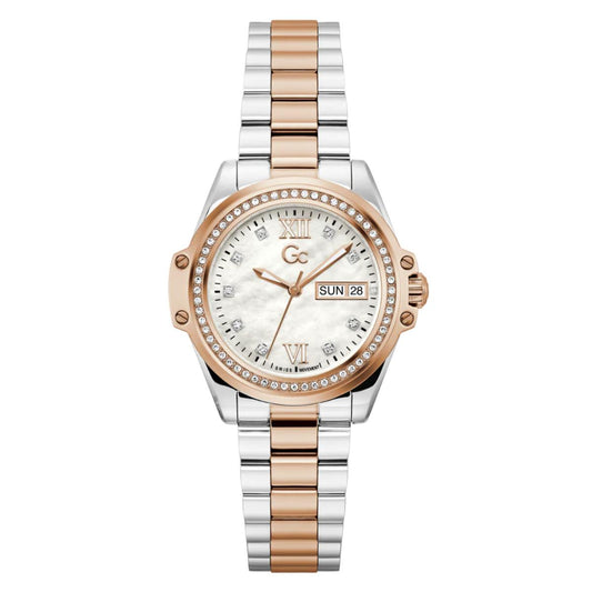 Two-tone watch with rose gold and silver band on a white background