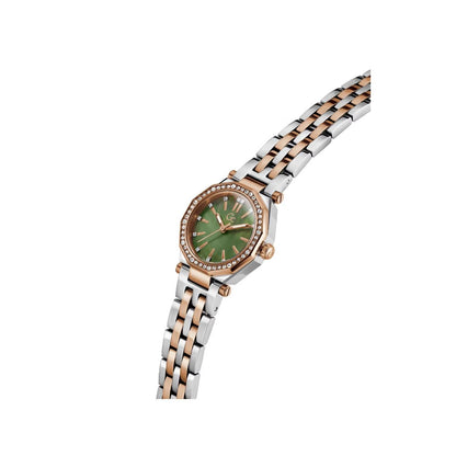 Wristwatch with a two-tone metal strap and green dial on a white background