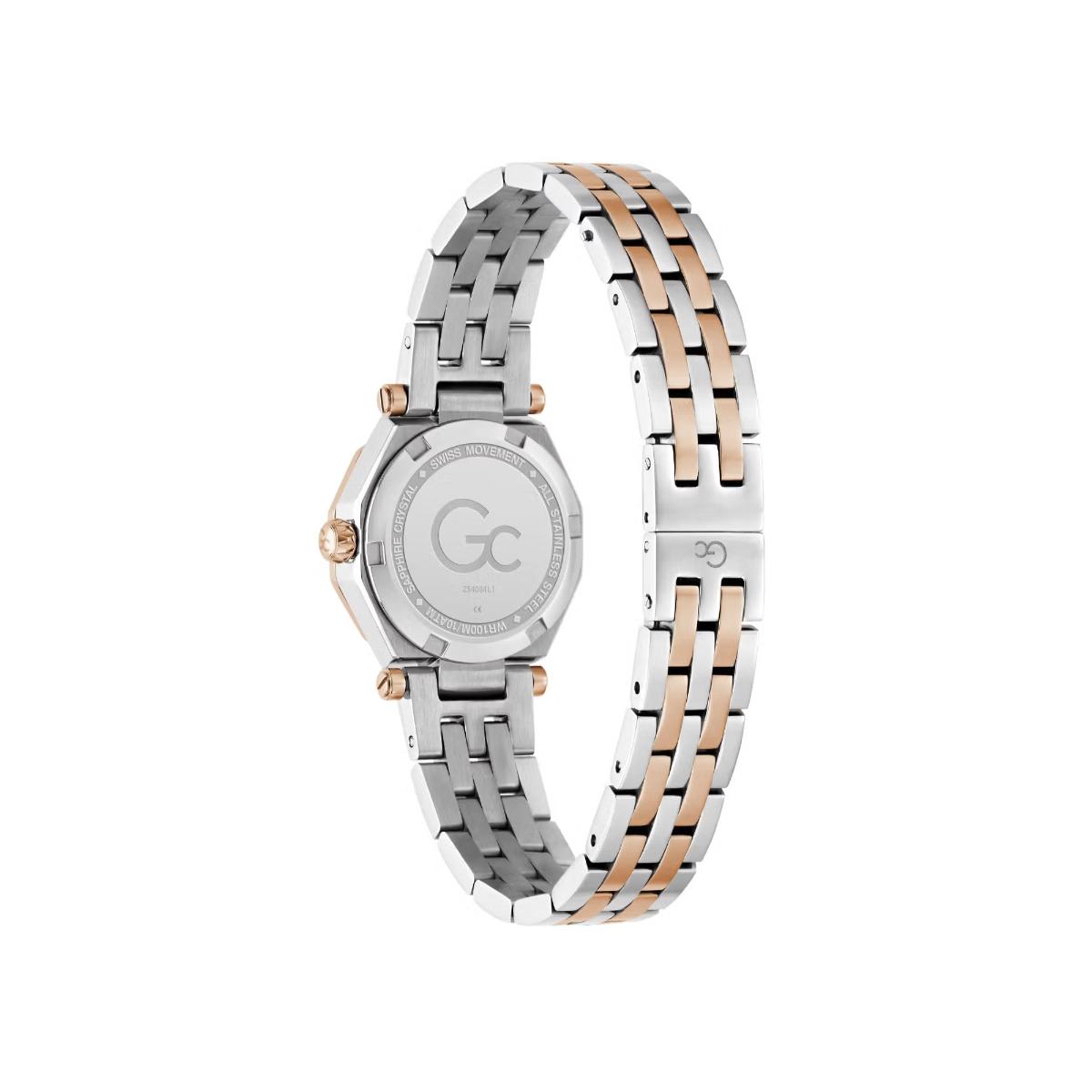 Two-tone watch with silver and rose gold band on a white background