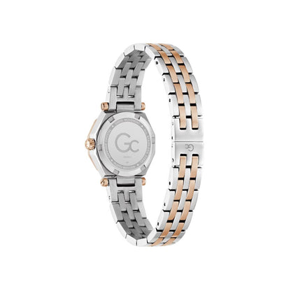 Two-tone watch with silver and rose gold band on a white background