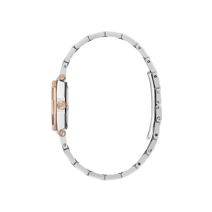 Silver bracelet with rose gold accents on a white background