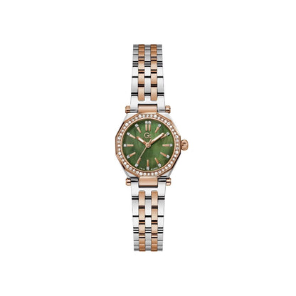 Two-tone watch with a green dial on a white background