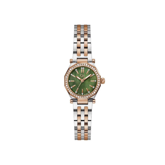 Two-tone watch with a green dial on a white background