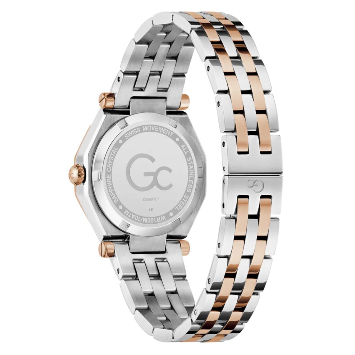 Two-tone watch with silver and rose gold band on a white background