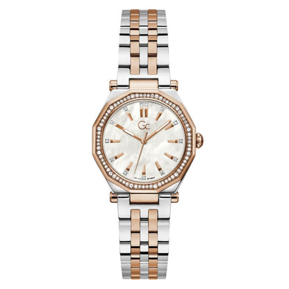 Two-tone watch with a silver and rose gold band on a white background