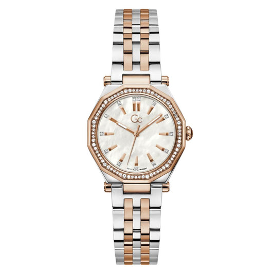 Two-tone watch with a silver and rose gold band on a white background