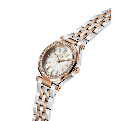 Two-tone watch with rose gold and silver band on a white background