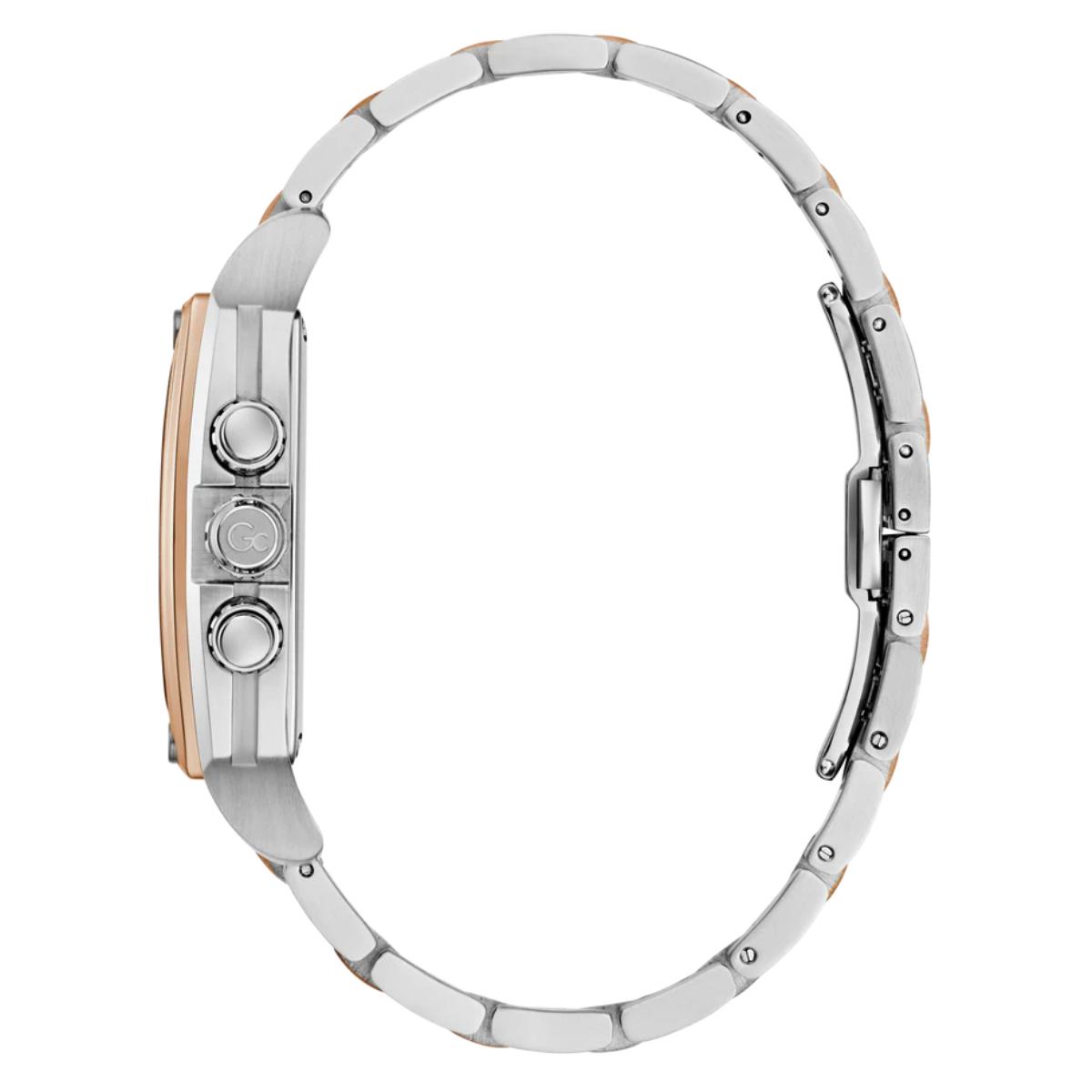 Close-up of a silver watch with a white face on a white background