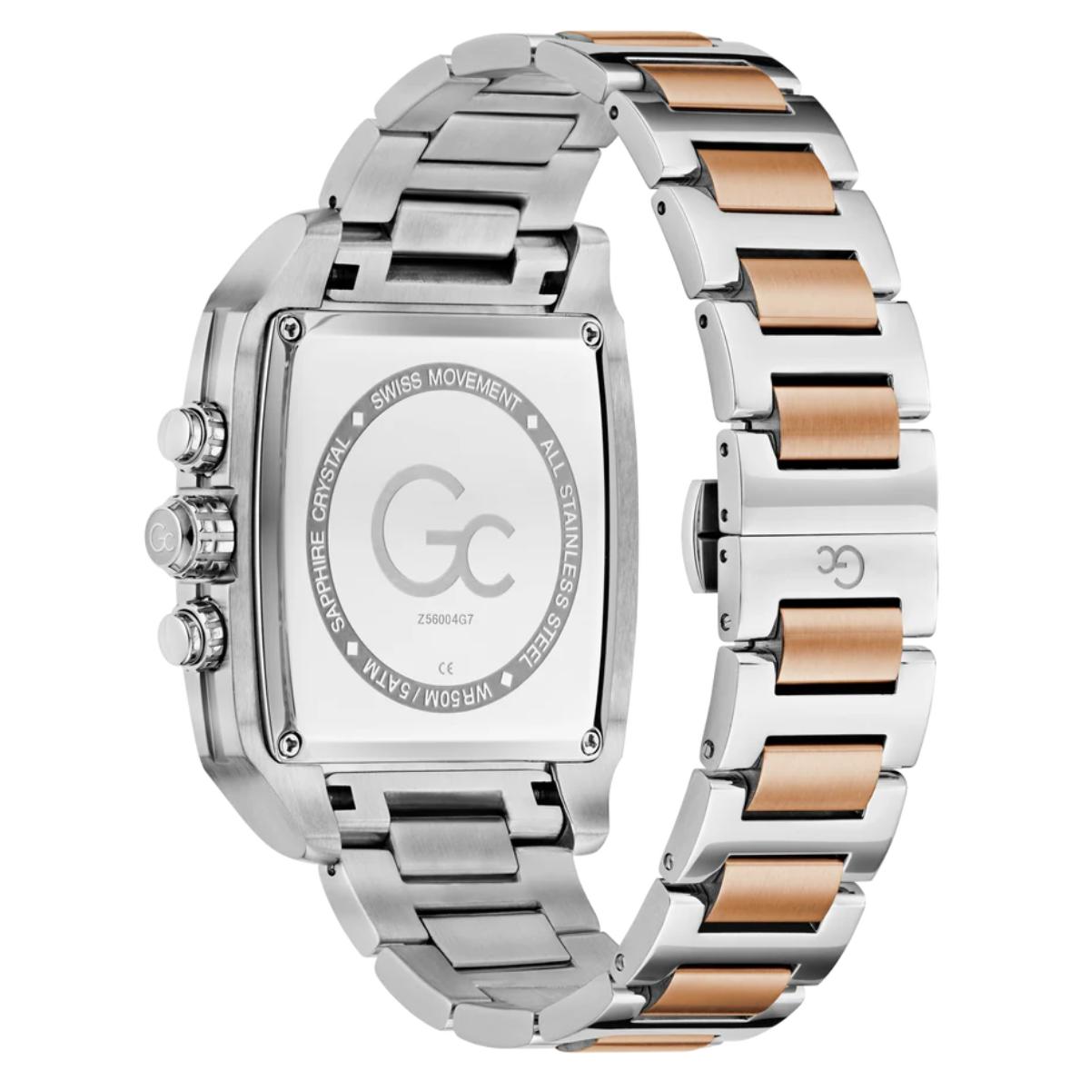Silver and rose gold watch with 'GC' branding on a white background