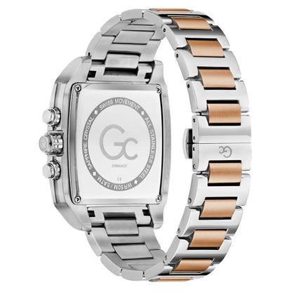 Silver and rose gold watch with 'GC' branding on a white background