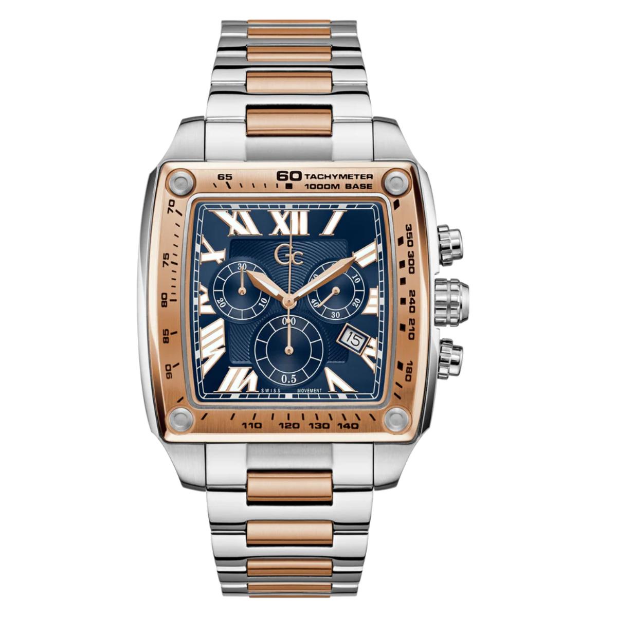 Luxury watch with silver and rose gold band on a white background