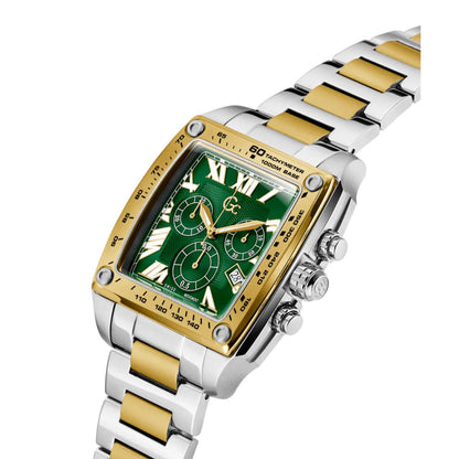Luxury watch with green face and gold accents on a white background