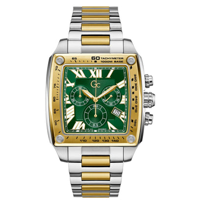 Luxury watch with green face and gold accents on a white background