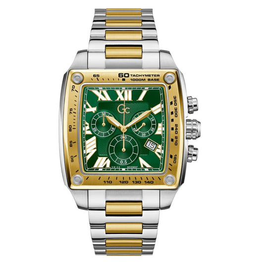 Luxury watch with green face and gold accents on a white background
