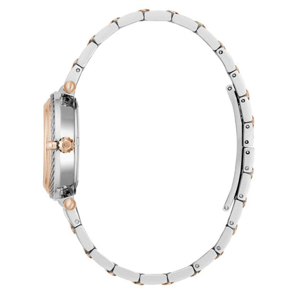 Watch with a white and rose gold band on a white background