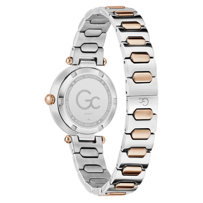 Silver and rose gold watch with 'GC' branding on a white background