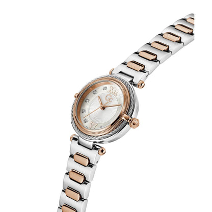 Wristwatch with two-tone rose gold and silver bracelet on a white background
