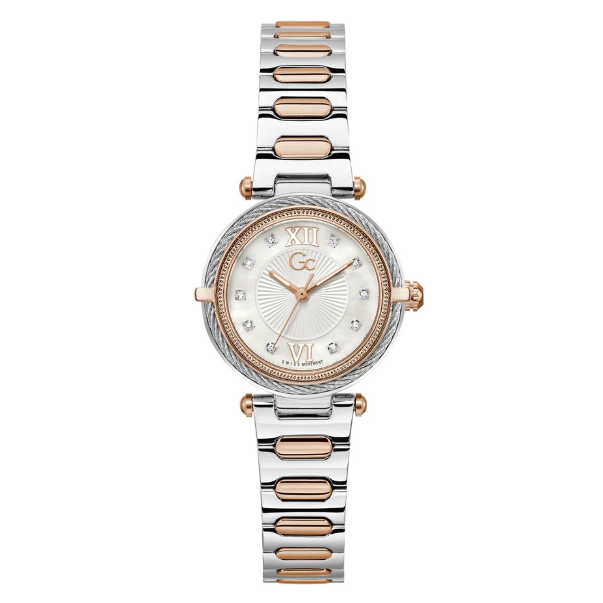 Watch with silver and rose gold band on a white background