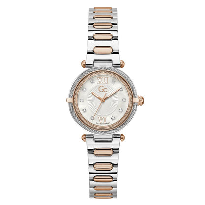 Watch with silver and rose gold band on a white background