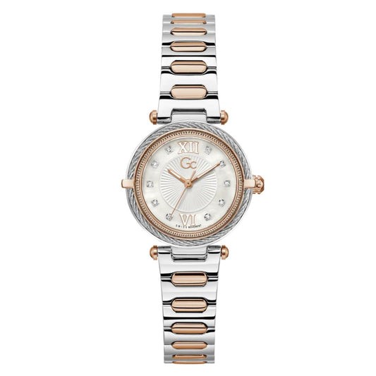 Watch with silver and rose gold band on a white background