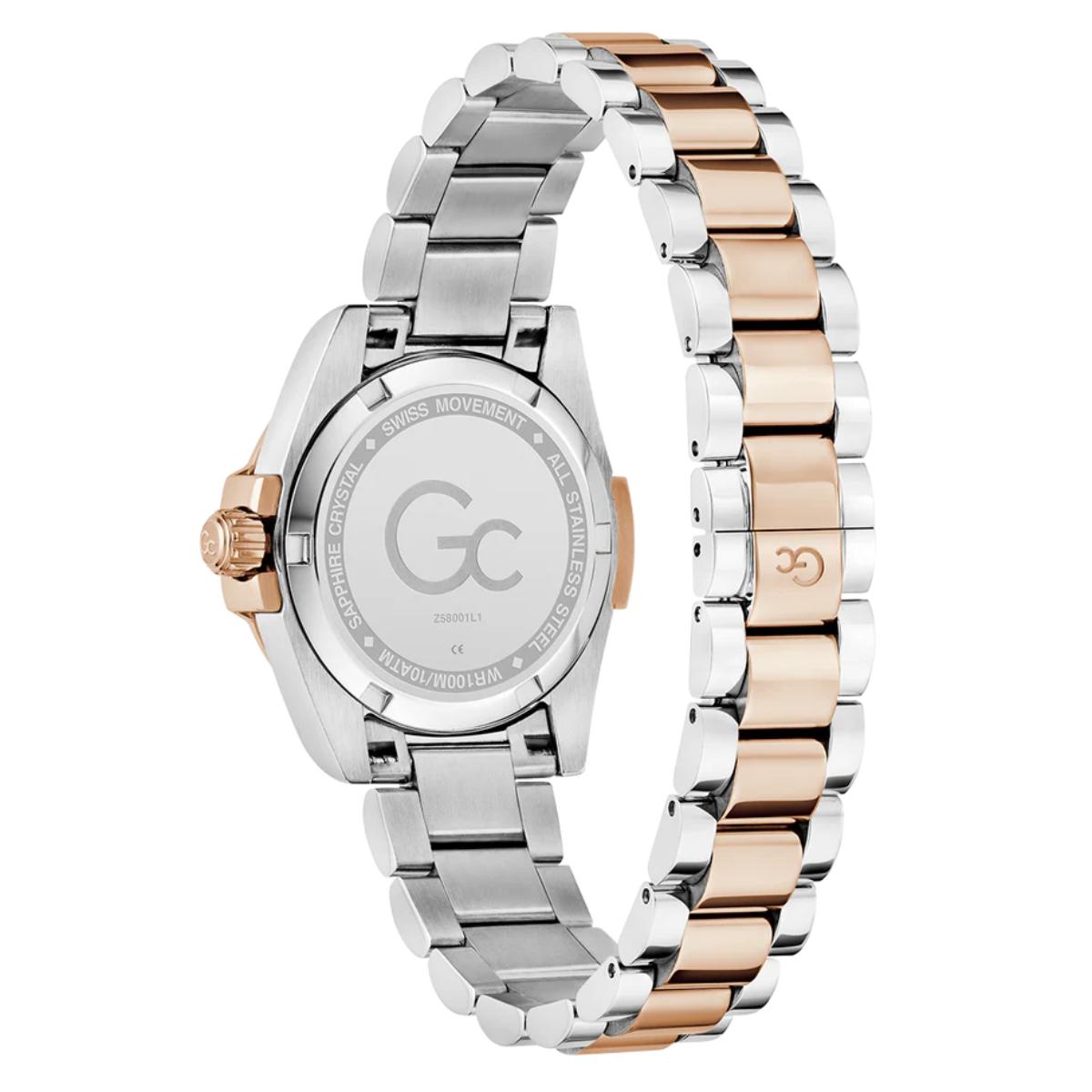 Two-tone silver and rose gold watch with 'GC' brand on a white background