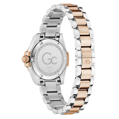 Two-tone silver and rose gold watch with 'GC' brand on a white background