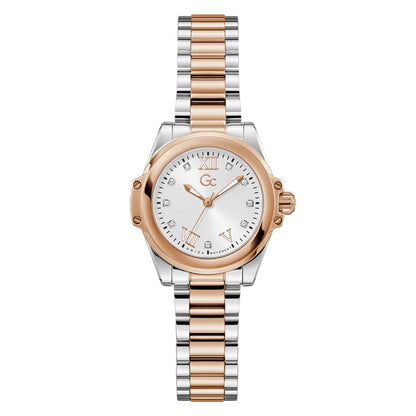Two-tone watch with rose gold and silver band on a white background