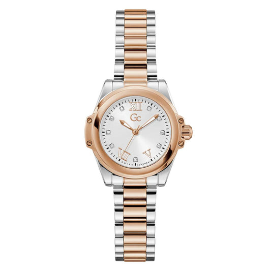 Two-tone watch with rose gold and silver band on a white background