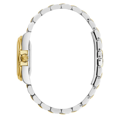 Close-up of a watch with a gold and silver band on a white background