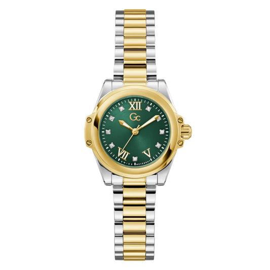 Two-tone watch with green dial and gold accents on a white background