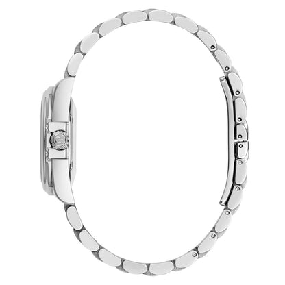 Silver watch with a detailed band on a white background