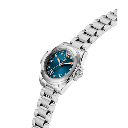 Silver watch with a blue dial on a white background