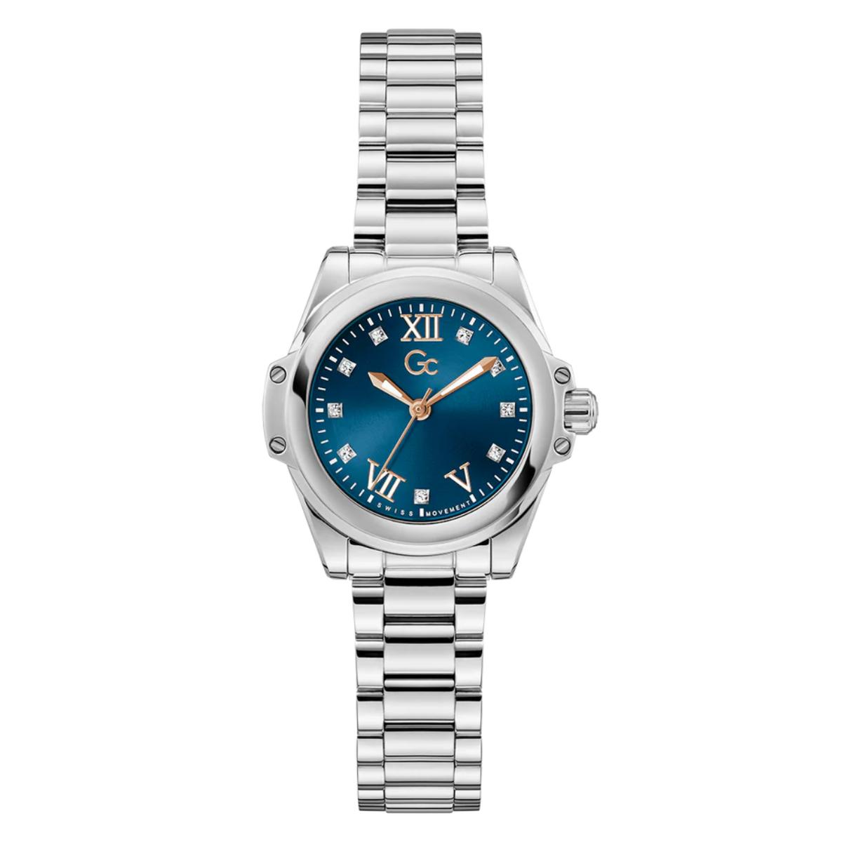 Silver watch with a blue dial on a white background
