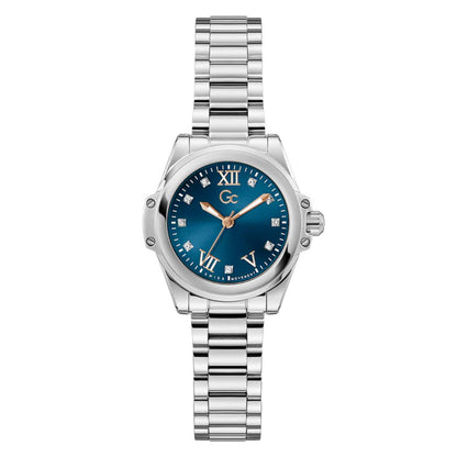 Silver watch with a blue dial on a white background