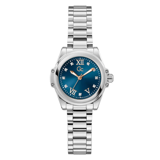 Silver watch with a blue dial on a white background