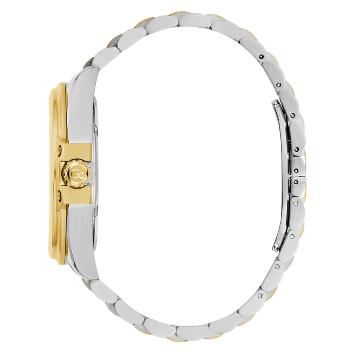 Two-tone watch with gold and silver band on a white background